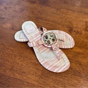 Tory Burch Miller Striped Logo Thong Sandals Red Cream Snakeskin size 8.5